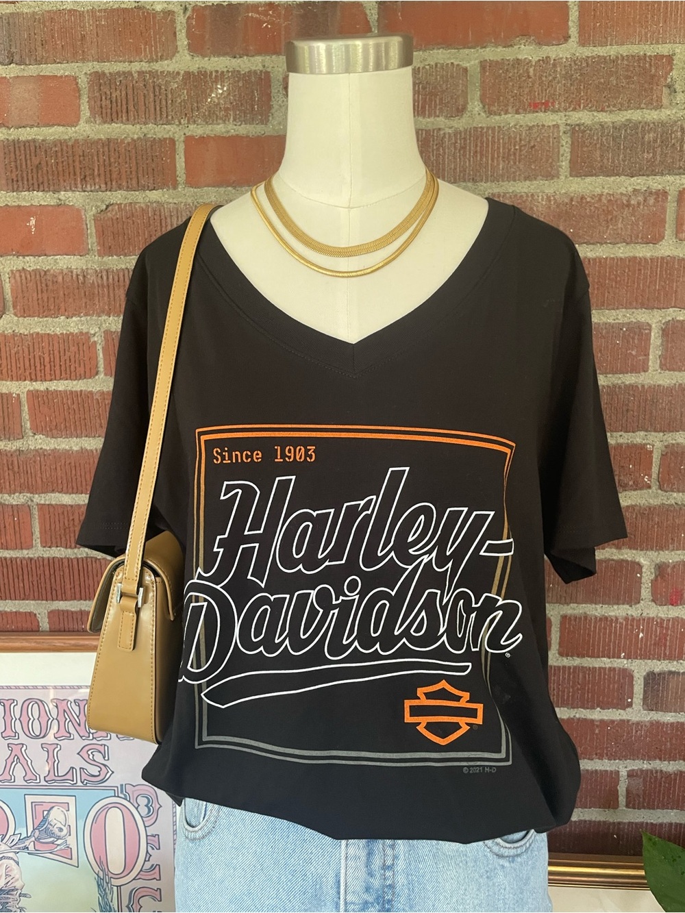 Harley-Davidson Black V-Neck Graphic Tee with Orange & White Logo